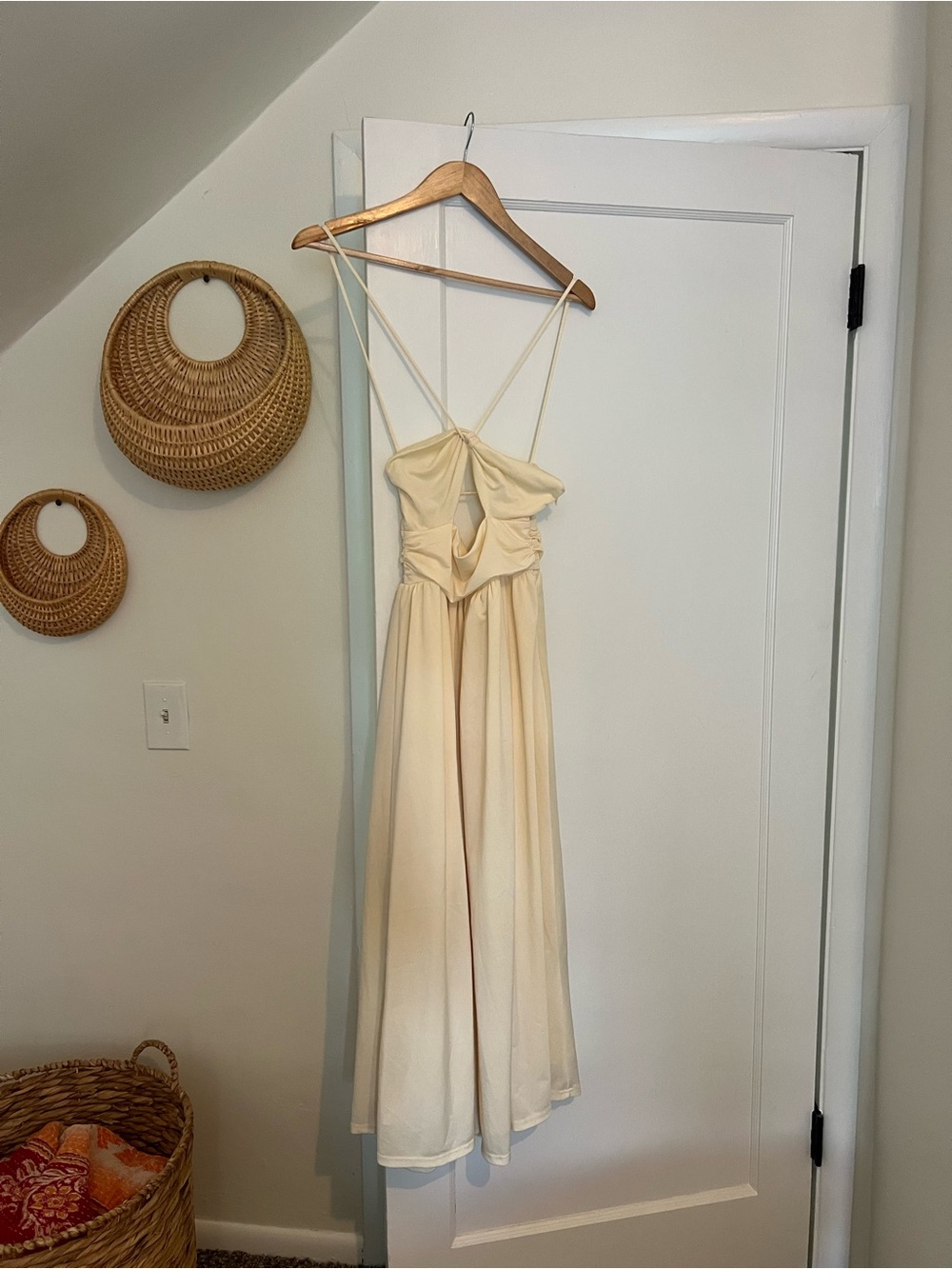 Cream Spaghetti-Strap Midi Dress with Knotted Front